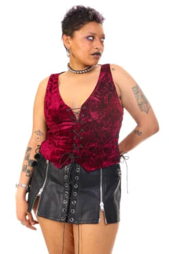Evie Burgundy Velvet Lace-Up Top -TUNNEL Vision Shop 256A4547