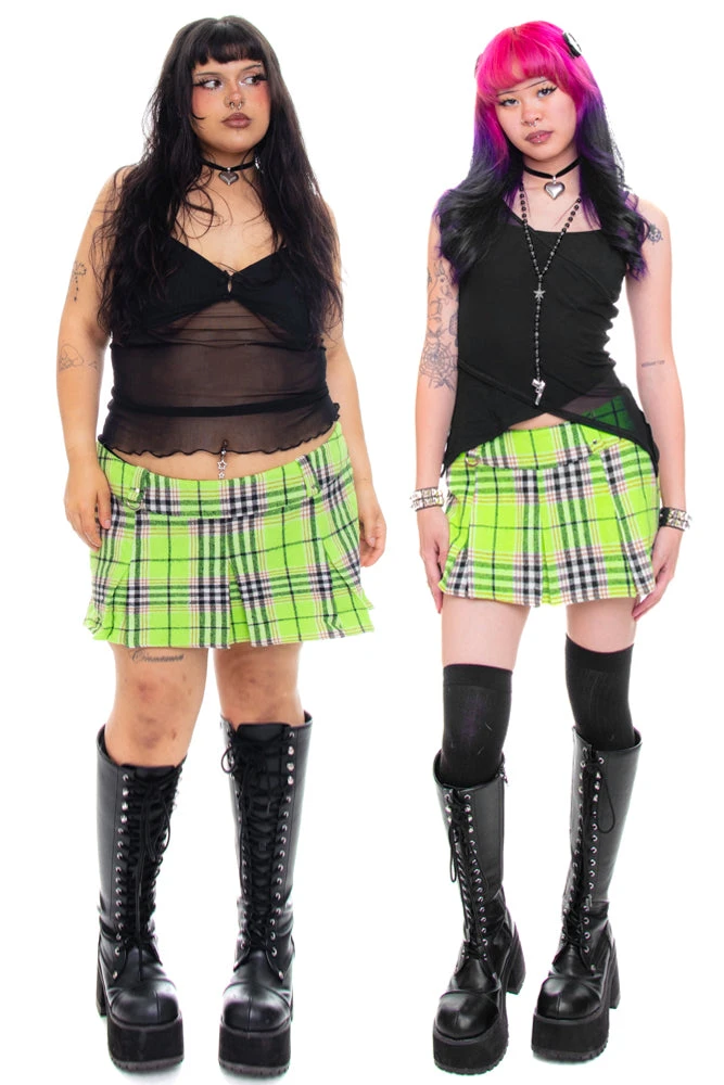Priscilla Slime Green Plaid Low-Rise Mini Skirt 1 Priscilla Slime Green Plaid Low-Rise Mini Skirt