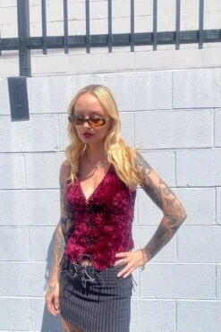 Evie Burgundy Velvet Lace-Up Top -TUNNEL Vision Shop IMG 1366