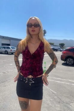 Evie Burgundy Velvet Lace-Up Top -TUNNEL Vision Shop IMG 1376