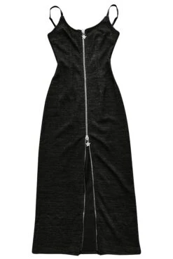 Black Zip-Down Rib Knit Maxi Dress