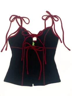 Black Thermal Tabby Tie Top