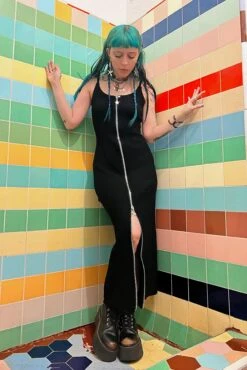 Black Zip-Down Rib Knit Maxi Dress 24 Black Zip-Down Rib Knit Maxi Dress -TUNNEL Vision Shop blk4