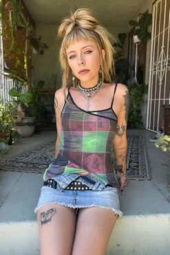 Disco Grid Print Criss-Cross Layer Top 22 Disco Grid Print Criss-Cross Layer Top -TUNNEL Vision Shop jksdv