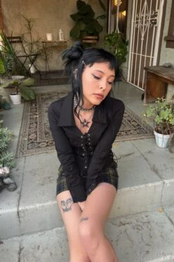 Libby Black Corset-Lace Shirt -TUNNEL Vision Shop kwgeSJBD